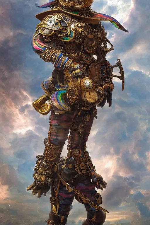 Prompt: ultra realist soft painting of a single steampunk rabbit warrior, very intricate details, volumetric rainbow lighting, reflections, refractions, symmetry accurate humanoid anatomy features, unreal render