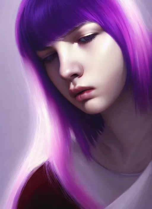 Image similar to hair whitebangs hair, black hair, whitebangs, portrait of teenage girl with white bangs, red irises, purple clothes, white bangs, bangs are different color from hair, intricate, elegant, glowing lights, highly detailed, digital painting, artstation, concept art, smooth, sharp focus, illustration, art by wlop, mars ravelo and greg rutkowski