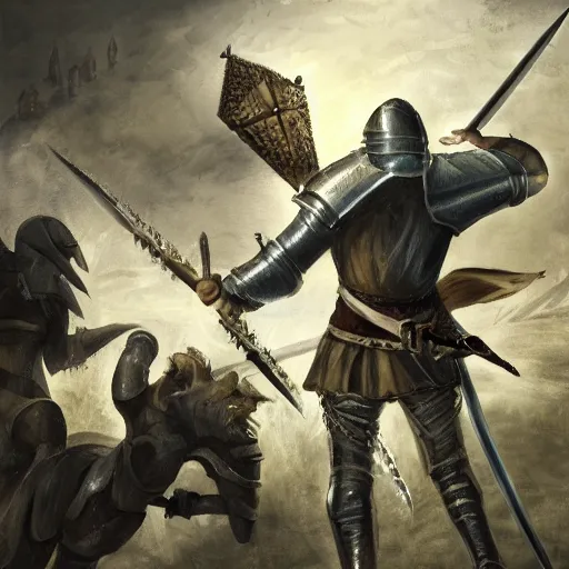 Prompt: knight holding a broken longsword facing a group of attackers, he looks unsteady and scared, medieval, fantasy, digital art, detailed