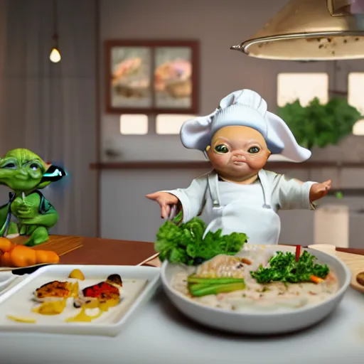 Image similar to curious innocent tiny chubby babyfat baby yoda as chef wearing white chefs hat and white apron, offering a plate of food, vegetables, photography, hyperrealism, unreal engine, octane 3 d render, houdini, unity 3 d, highres, adobe premier pro, trending on artstation, trending on deviantart, thisistheway