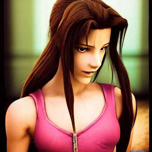 Image similar to realistic aerith from final fantasy 7, photographed by Terry Richardson