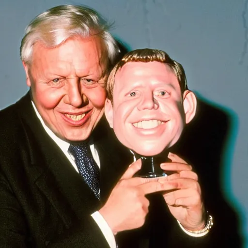 Image similar to smiling David Attenborough holding up Gary Coleman by the head,