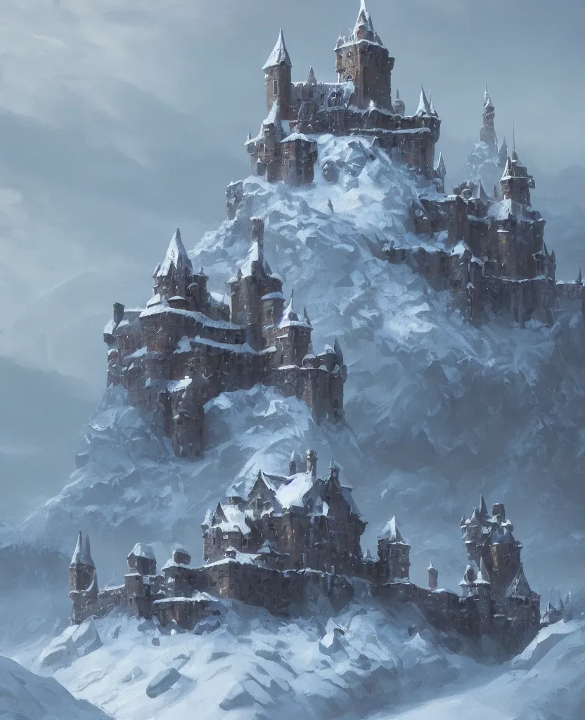 Image similar to a painting of a castle in the middle of a snowy mountain, a detailed matte painting by andreas rocha and greg rutkowski, featured on artstation, fantasy art, matte drawing, matte painting, artstation hq