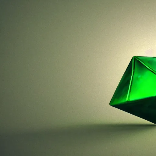 Prompt: a floating green octahedron made of thick glass, green particles floating around it, center of screen, white bg, unreal engine, concept art