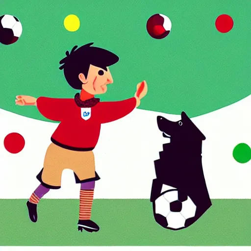 Image similar to illustration of french boy playing football with a corgi wearing a polka dot scarf in paris