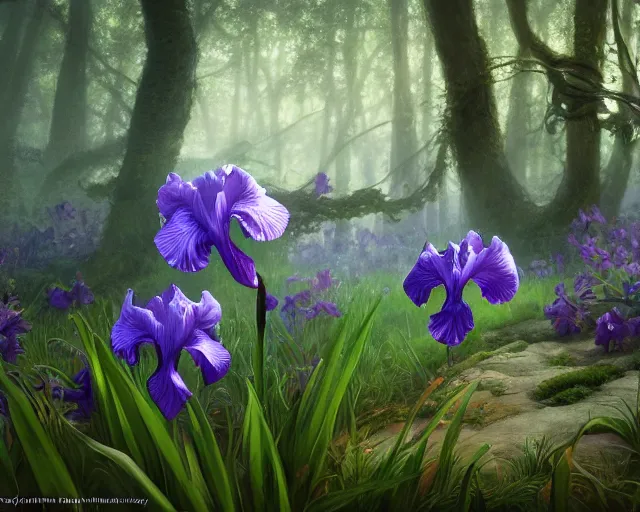 Image similar to detailed concept art of an iris flower in an magical forest by james gurney in the style of yoshitaka amano, depth of field, unreal engine, 8 k, sharpness, artstation, award - winning realistic sci - fi concept art, in the style of james gurney.