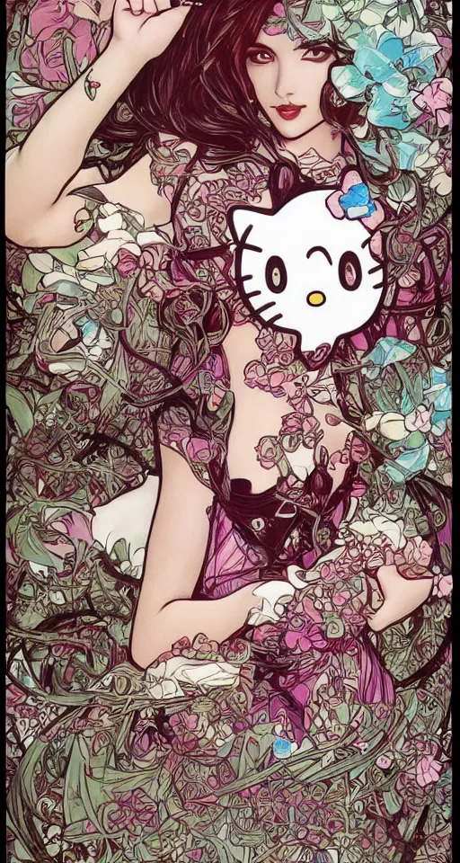 Image similar to hello kitty by artgerm and H R Giger and alphonse mucha