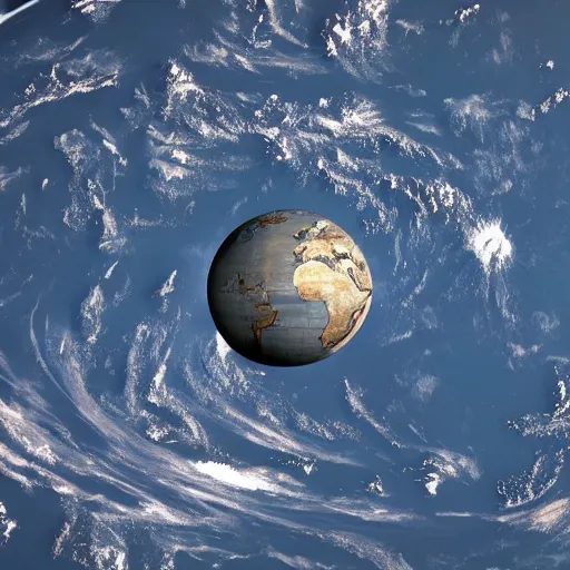 Prompt: planet earth after global warming in one hundred years, floating in space, camera in orbit