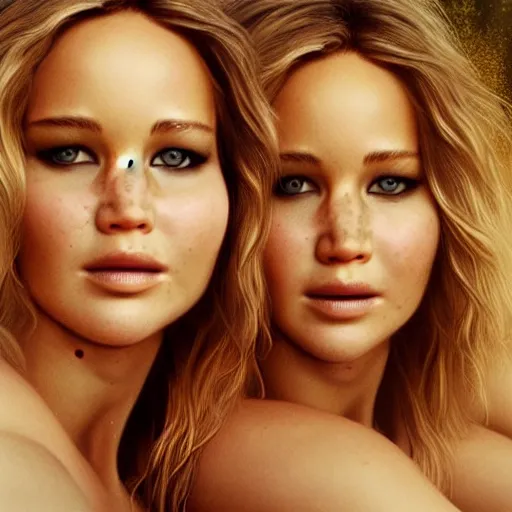 Image similar to beautiful serene intricate portrait of jennifer lawrence and jennifer lawrence taking a selfie, relaxing on the beach, golden hour, soft focus, 8 k, art by irakli nadar, hyperrealism, hyperdetailed, ultra realistic