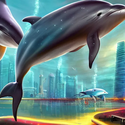 Image similar to an alien dolphin city, sci-fi digital art illustration,