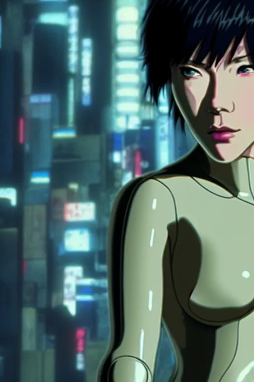 Image similar to film still from ghost in the shell, style of yoshii chie, cinematic, highly detailed