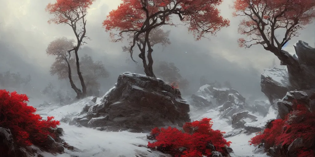 Image similar to A beautiful oil painting of a rocky valley covered in snow, trees with red leaves, thunderstorm in the sky, blue lighting, gloomy, atmospheric lighting, detailed, by greg rutkowski, trending on artstation