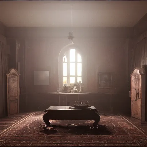 Image similar to room of a dark mansion, objects from ritual in the ground, unreal engine, octane render, pbr