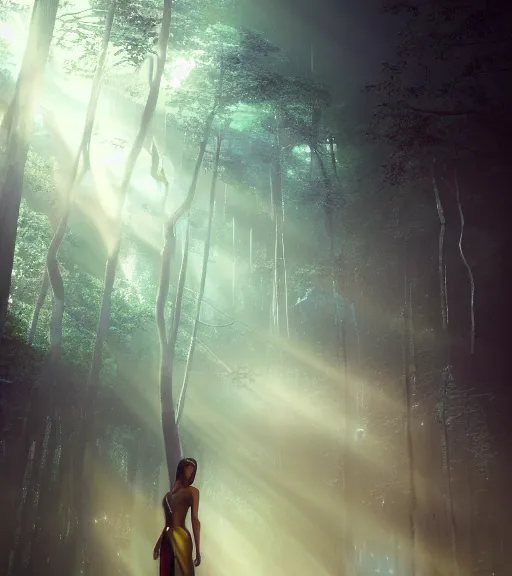 Image similar to daydreaming of the maiden with fuidity transparent dress in the blockchain cyberpunk forest by maciej kuciara, majestic light, octane render, fog, ethereal glare of the sun, rainbow rain, volumetric lighting, hyperealistic, epic, masterpiece