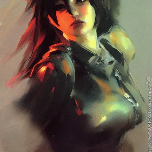 Image similar to greg manchess painting of an anime woman, direct flash photography at night, ruan jia