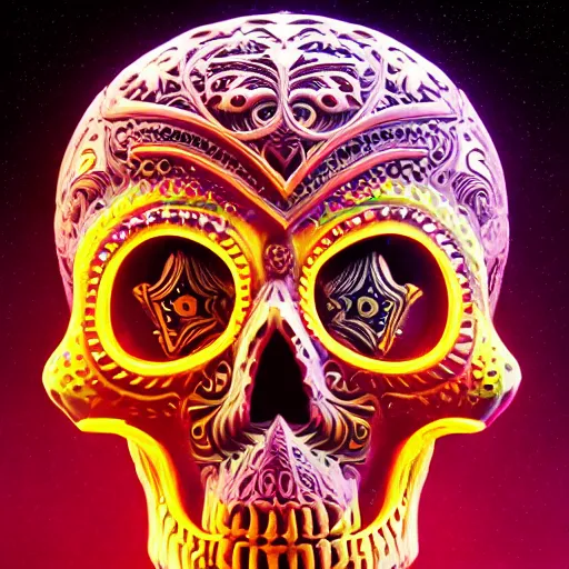 Image similar to a highly detailed photographic render of intricately carved sugar skull, psychedelic, black background, neon light, intricate ornament, gilding, horror, dark fantasy, beautifully lit, ray traced, octane 3D render in the style of Gerald Brom and James Gurney, sharp focus, HD, 8k