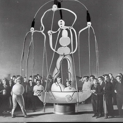 Prompt: A giant wearing a giant contraption used to extract dreams while tiny scientists stand around him gathering data in cups in the style of salvador dali