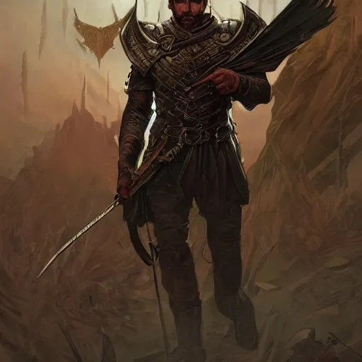 Image similar to an epic fantasy comic book style portrait of a male ranger warrior, castle setting, horror movie lightning, intricate, elegant, highly detailed, digital painting, artstation, concept art, matte, sharp focus, illustration, art by artgerm and greg rutkowski and alphonse mucha