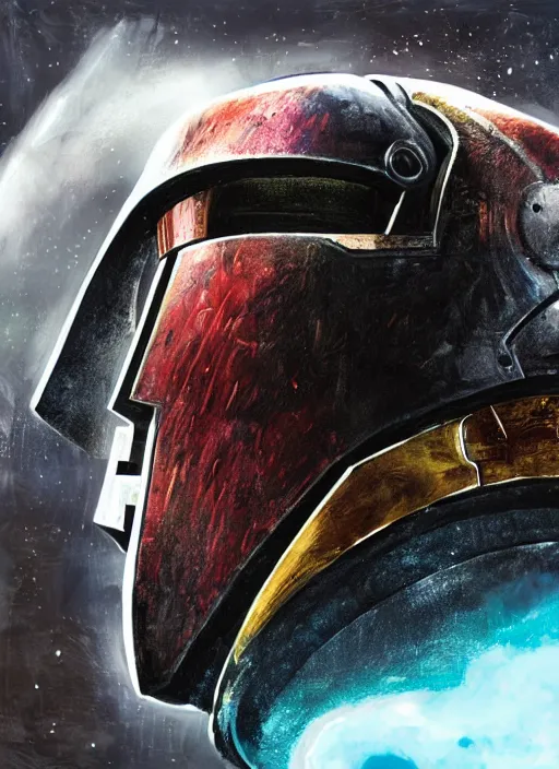 Prompt: Robot Suit, 1/4 profile, Judge Dredd, Half Face, Samus Aran, Colorful, Space Background, Human Jaw, Mouth, Half Helmet, Visor, Bust, Concept Art, Samurai Helmet, Kabuto, Rhino Beetle, Storm Trooper, Vader, Dark Helmet, Helmet, Dredd, Karl Urban, Sylvester Stallone, Profile, High Detail, 2D art, Artstation, Neon lights, Sci-fi, Space suit, Luis Nieves Sr, Makoto Kano, Metroid