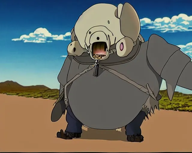 Image similar to a cell shaded cartoon grey lovecraftian mechanic wolf from howl's moving castle ( 2 0 0 4 ), with a big head, on a desert road, wide shot, studio ghibli, hq