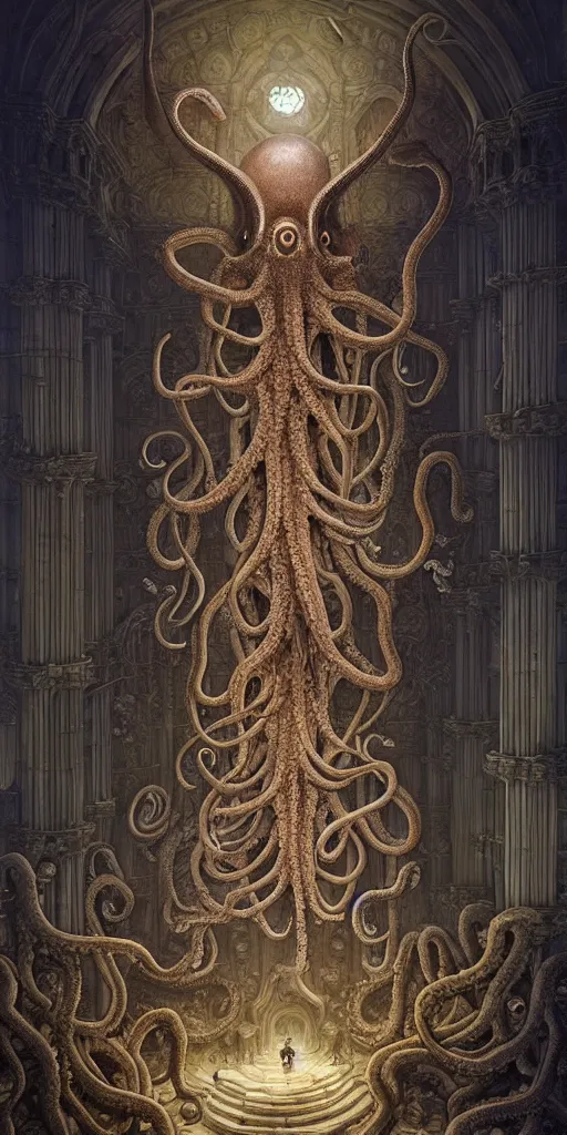 Prompt: group of mankind species mages with big octopus heads and a lot of small translucent jellyfishes floating around inside an ancient mage castle hall colossal scale, gothic and baroque, brutalist architecture, ultradetailed, Intricate by Ellen Jewett and Josan Gonzalez and Giuseppe Arcimboldo