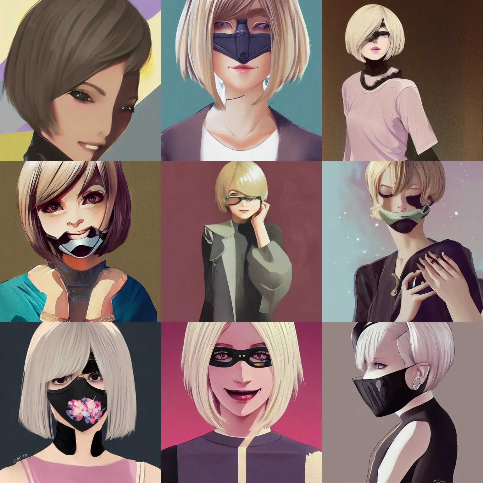 Prompt: urban girl fanart with black facemask, blond bob haircut, muted colors, matte print, pastel colors, ornate, digital art, cute smile, digital painting, fan art, elegant, pixiv, by Ilya Kuvshinov, by artgerm, by Studio Ghibli