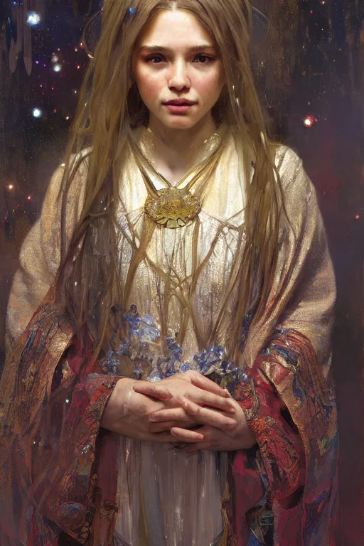 Image similar to hyperrealist portrait of a girl emperorit is decorated with long robes that fall like stars. by jeremy mann and alphonse mucha, fantasy art, photo realistic, dynamic lighting, artstation, poster, volumetric lighting, very detailed faces, 4 k, award winning