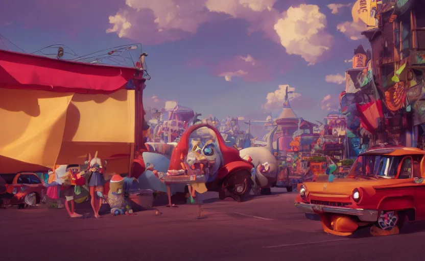 Image similar to a film still carnival floats, trucks, cars , medium shot, waist up, studio Ghibli, Pixar and Disney animation, sharp, Rendered in Unreal Engine 5, anime key art by Greg Rutkowski, Bloom, dramatic lighting
