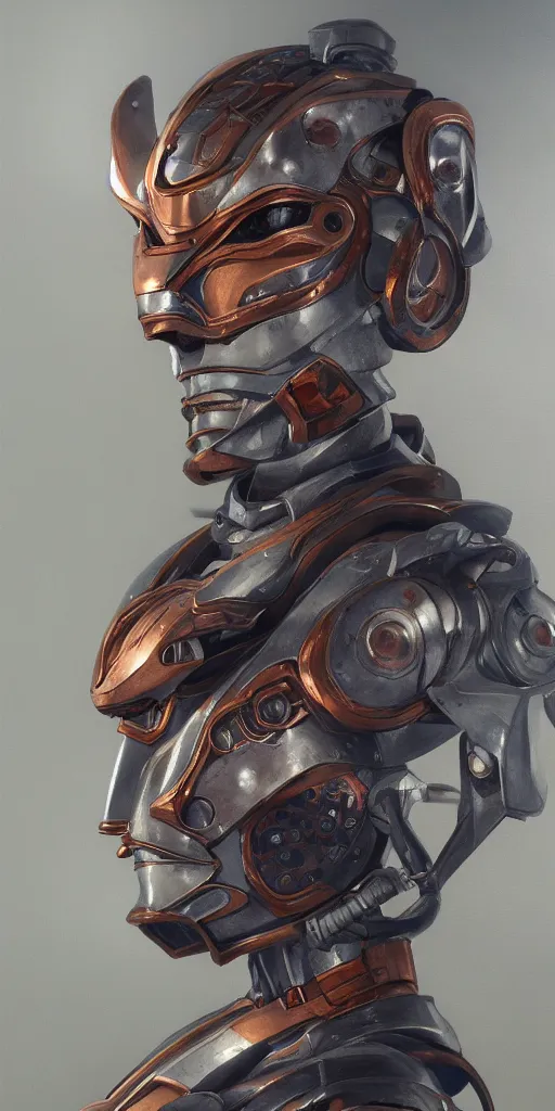 Prompt: a beautiful detailed oil on copper art illustration of a japanese samurai mecha mask woman, centered, by charlie bowater, zeng fanzh, trending on artstation, dim dusk lighting, cinematic lighting, detailed lighting, volumetric lighting, realistic, f 8, 4 k hd wallpaper