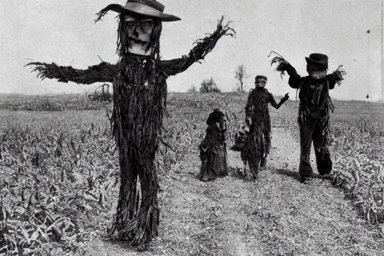 Prompt: disturbing scarecrow from the early 1 9 0 0's leading children into the burning cornfields