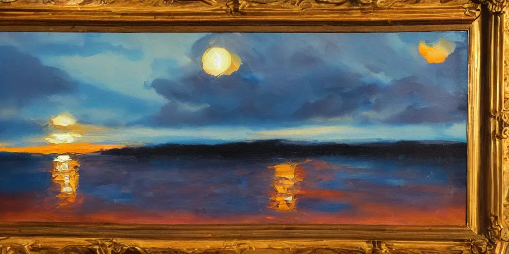 Prompt: an expressive oil painting of a gorgeous dim blue sunset with bright orange light from a spotlight on people