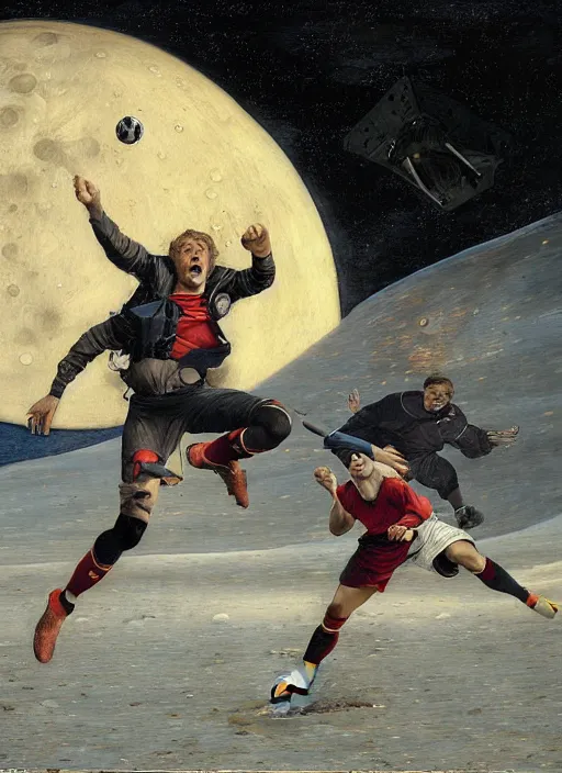 Image similar to a soccer match on the moon by edgar maxence and caravaggio and michael whelan and delacroix style, artistic, intricate painting, cinematic lighting, hyper realistic, extremely detailed, establishing shot, 8 k resolution, dramatic lighting