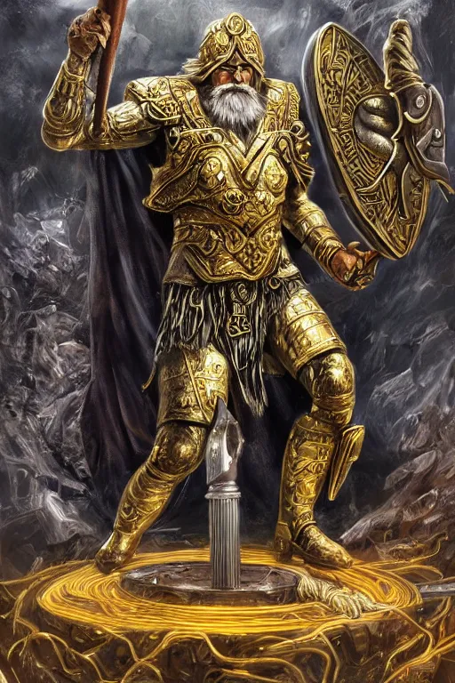 Image similar to mythological odin all father supreme God of thunder and smithing and artificial intelligence creating an artificial neural network with gold synapses on an anvil with his mighty hammer, high resolution, award winning art, trending on art station, sharp image, incredibly detailed, detailed character, realistic painting, hyperrealistic painting