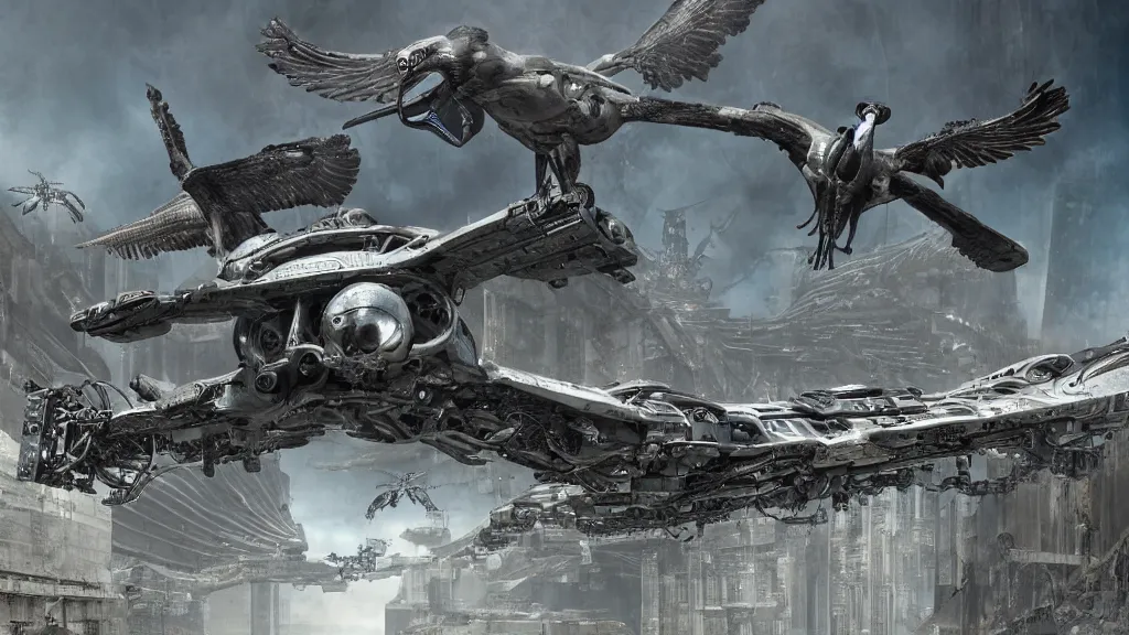 Prompt: organic mechanical metal osprey aircraft, giger influenced with ornate intricate details, landed on futuristic brutalist concrete heliport, ornate buildings with white and blue flowers, with cyborg female soldiers wearing stealth transparent clothing, daytime, wet floor on streets, matte painting, unreal engine, cinematic camera, mirrors edge,