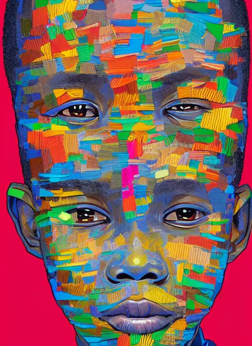 Image similar to colourful upper half portrait of an african boy - art by aya takano, magazine collage, highly detailed, digital painting, illustration, smooth, sharp focus, intricate, clustered, busy, pinterest, behance,