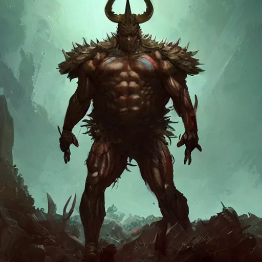 Prompt: mutant man, fantasy boss fight, dramatic illustration, muscular character, huge horns, art by greg rutkowski, digital art, artstation