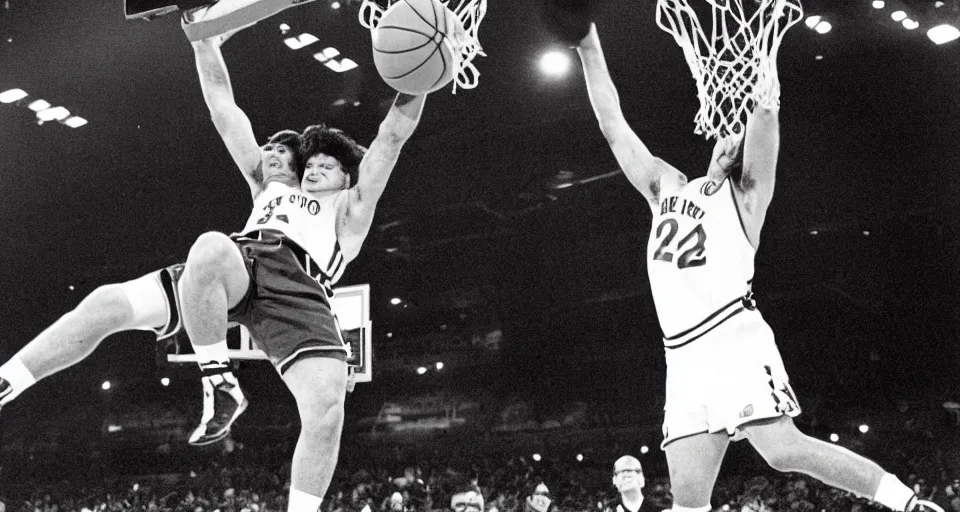 Prompt: Danny DeVito dunking a basketball