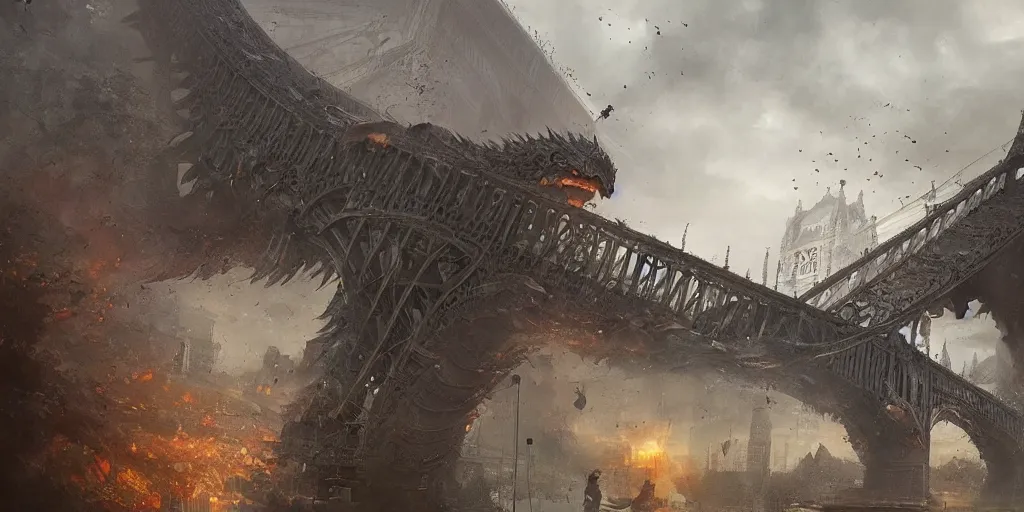 Image similar to kaiju attack in budapest, chain bridge painting, greg rutkowski detailed, rule of thirds, cinematic