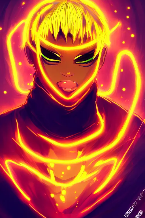 Image similar to glowing black male anime character, golden hair, yellow eyes, symmetrical, highly detailed, digital art, sharp focus, trending on art station, ninja, electricity superpowers, anime art style