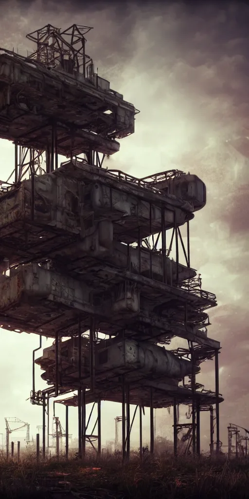 Image similar to post apocalyptic overgrown oil rig, photorealistic, hyperdetailed, studio lighting, octane render, caustics