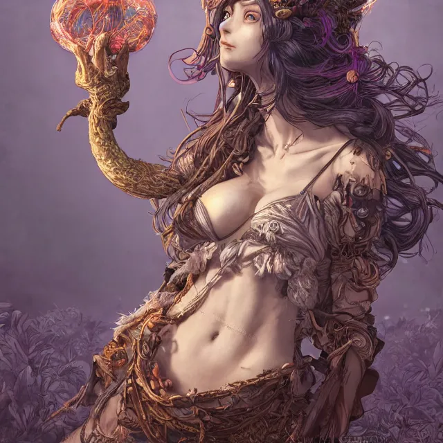 Image similar to the portrait of chaotic good female druid alchemist as absurdly beautiful, gorgeous, elegant, young gravure idol, an ultrafine hyperdetailed illustration by kim jung gi, irakli nadar, intricate linework, sharp focus, bright colors, octopath traveler, final fantasy, unreal engine 5 highly rendered, global illumination, radiant light, detailed and intricate environment