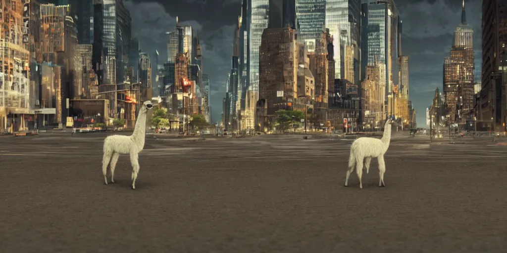 Image similar to a llama walking through a desolate manhattan city street at night, statue of liberty seen in the background, realistic 4 k octane beautifully detailed render, 4 k post - processing, highly detailed, intricate complexity, epic composition, magical atmosphere, cinematic lighting, masterpiece, ultra hd