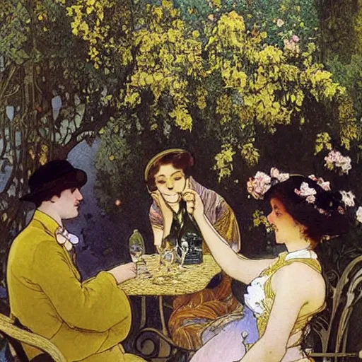 Prompt: happy people drink wine outside a a parisian cafe. there are bubbles in the air and a golden laburnum tree in bloom is in the foreground and it is a sunny afternoon, painted by mucha