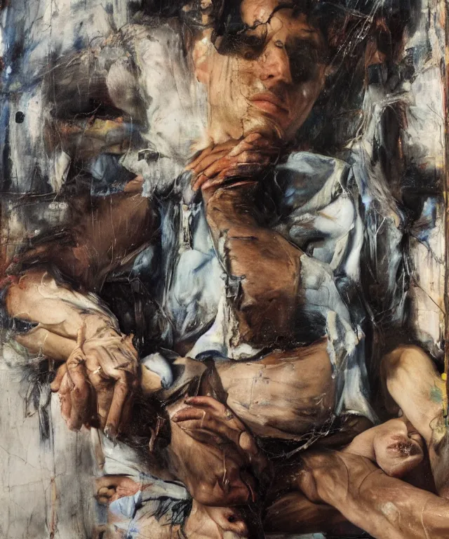 Image similar to a color photograph of persian young man in his workplace, by nan goldin, painted over by jenny saville, out of place, intense, bold, exaggerated, over proportion, hyperrealistic, ultra sharp, extra details, ultra high quality,