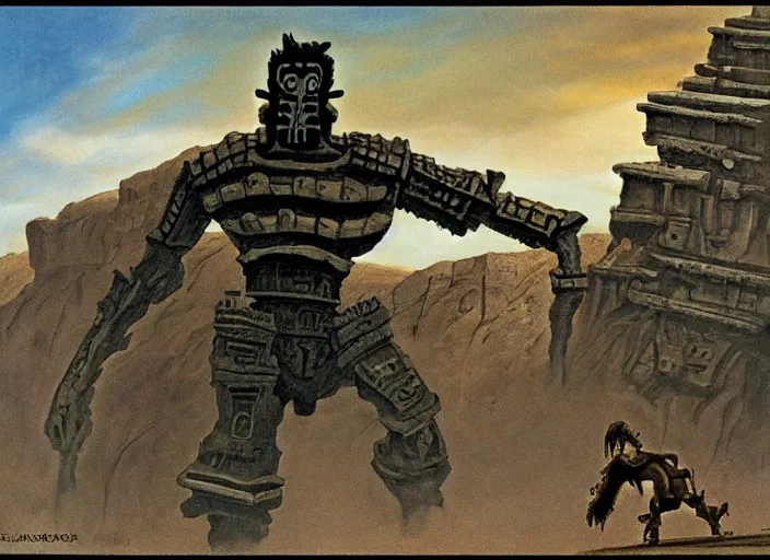 Image similar to the shadow of the colossus as illustrated by ralph mcquarrie and salvador dali