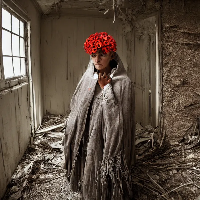 Prompt: a woman wearing a hooded cloak made of zinnias and barbed wire, in a derelict house, by Martin Schoeller, natural light, detailed face, CANON Eos C300, ƒ1.8, 35mm, 8K, medium-format print