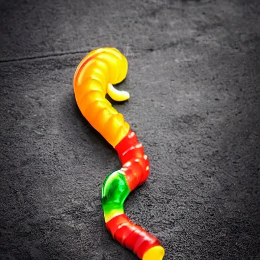 Image similar to a futuristic robotic gummi worm. dramatic product lighting. it's a gummi with extra juiciness. but it's also a worm. ick. in a magical side alley, the worm is on display in a trendy food truck. digital art, sci - fi, fantasy, fairytale, 4 k.