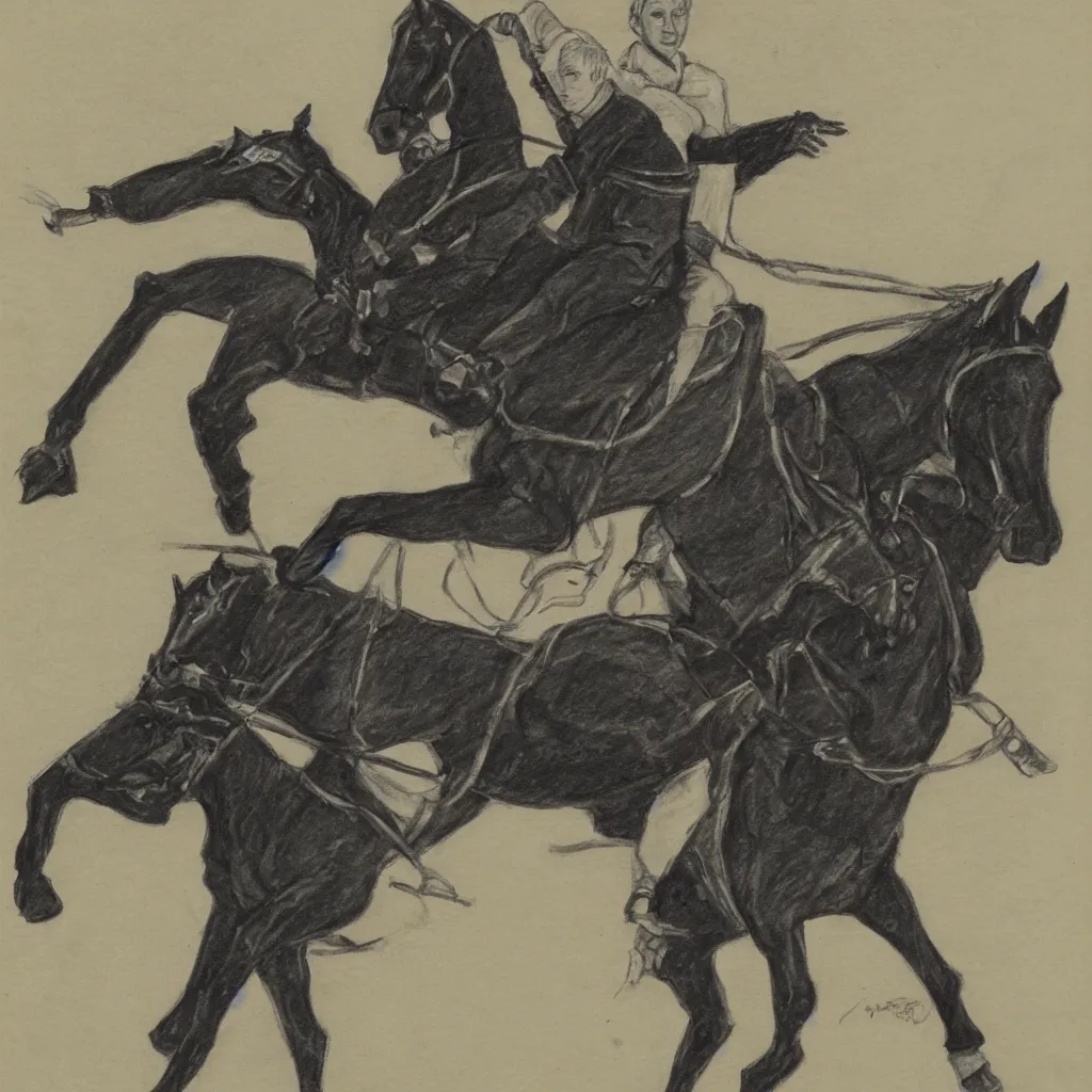 Prompt: sketch of Draco Malfoy riding one black horse, by Mary GrandPré, fairy simple