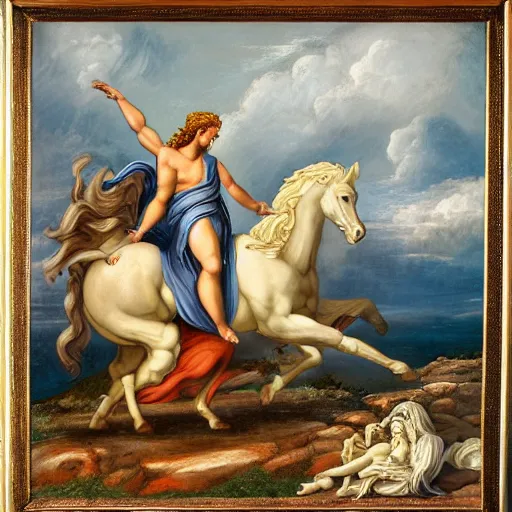 Image similar to painting of Centaur and Pegasus at the Acropolis, Greek gods, Zeus, Poseidon, Aphrodite, intricate, high detail, sensual, in the style of Michaelangelo