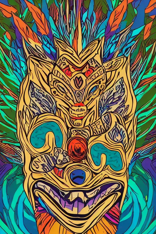 Image similar to animal mask totem roots flower tribal feather gemstone plant wood rock shaman vodoo video game vector cutout illustration vivid multicolor borderlands comics by josan gonzales and dan mumford radiating a glowing aura